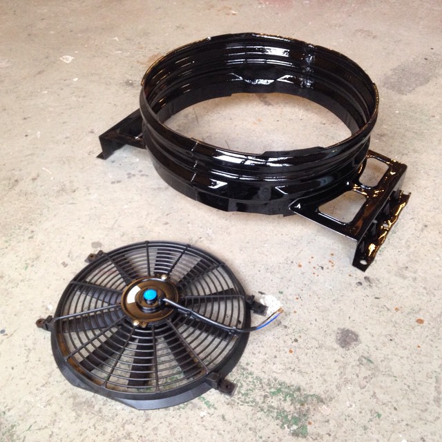 Freshly painted fanshroud and the new electric cooling fan ready to install in the Impala tonight...