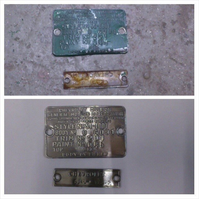 Before & after. Chevy ID tag.